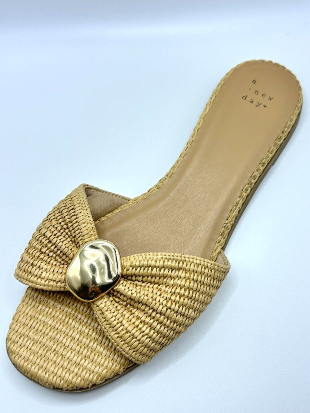 Natural Raffia Gold Hardware Slide Sandals NWT 11